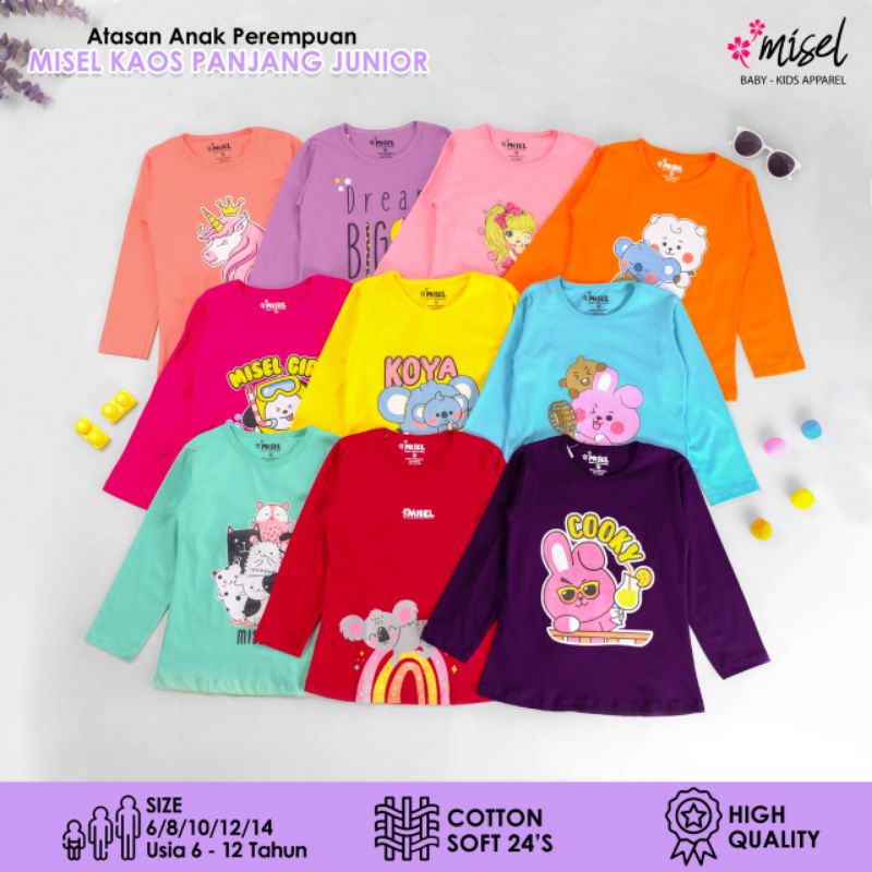 T'shirt Tangan Panjang Anak Perempuan , Kaos anak cewek usia 5-13 tahun