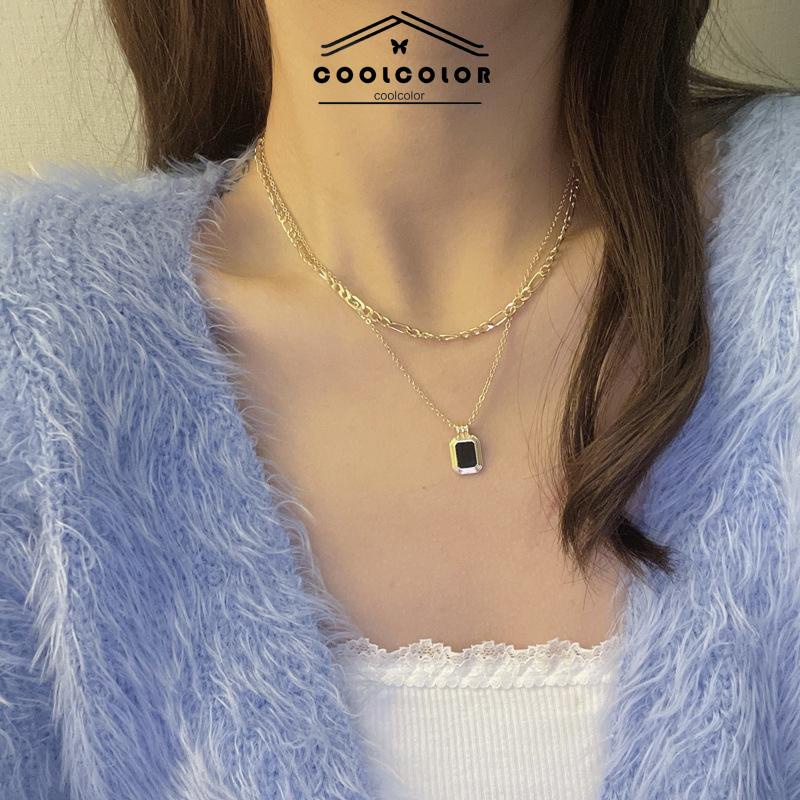 COD❤️ Kalung Temperamen Sederhana Rantai Klavikula Kalung Berlapis Ganda Hitam  Aksesoris Wanita Fashion Mewah Korea