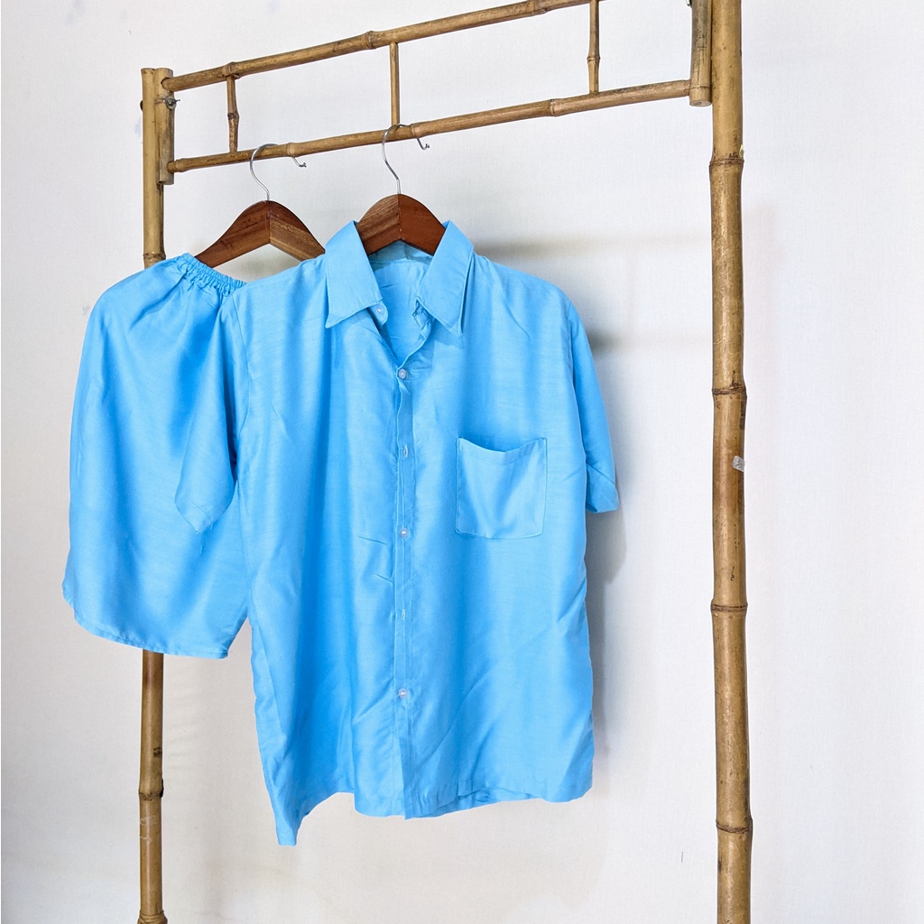 Pajamas Polos Setelan Baju Tidur Lengan Pendek Celana Pendek Polos | Plain Sleepwear Daily Set | Baby Doll Polos-Light Blue