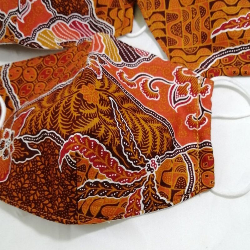 Masker 3 lapis bersaku batik kerang oranye (full cotton thread count 250 face mask)