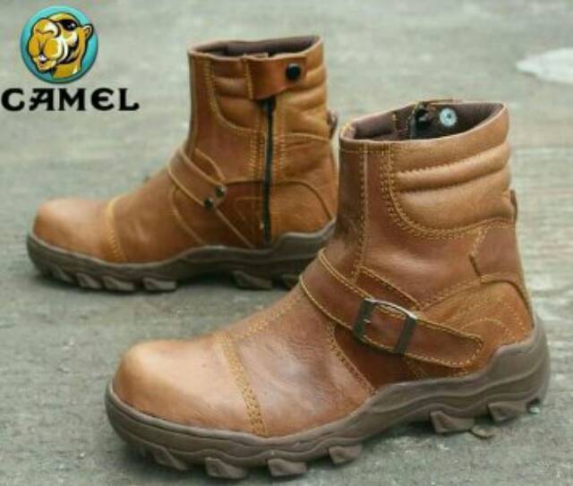 Sepatu boost camel gesper resleting mewah bahan kulit asli berkulitas