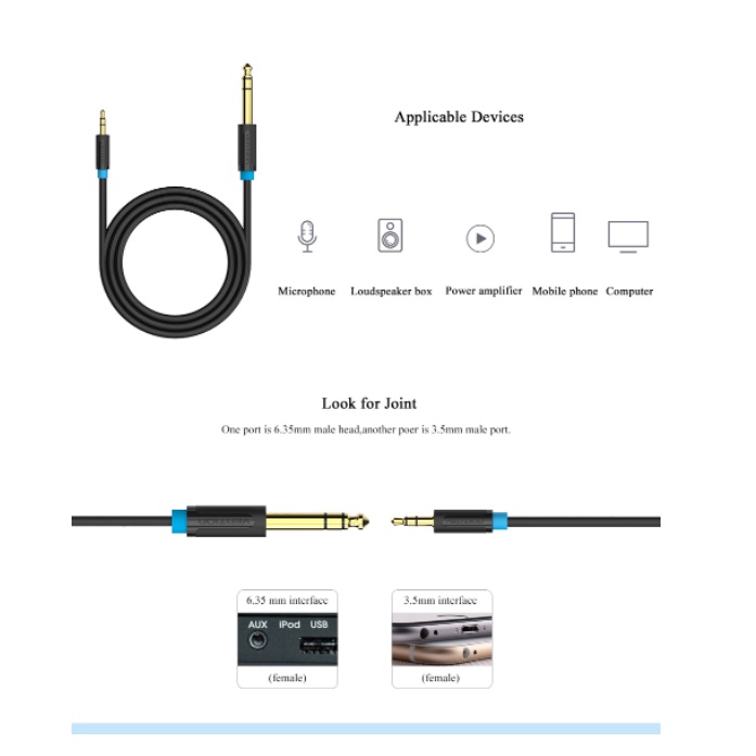 Vention Kabel Aux Audio 3.5mm to 6.5mm TRS Stereo Adapter 0.5M 1M 1.5M
