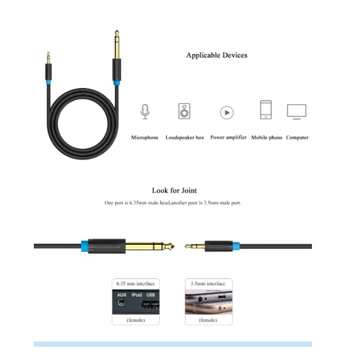 Vention Kabel Aux Audio 3.5mm to 6.5mm TRS Stereo Adapter 2M 3M 5M