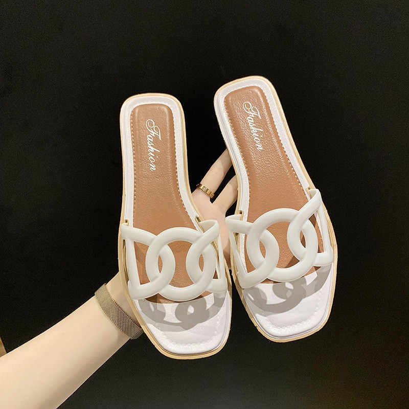 {Lav - S940} Sandal Fashion Model Bulat / Sandal Slip Wanita Motif Lingkaran / Sandal Slop Cewek-Putih