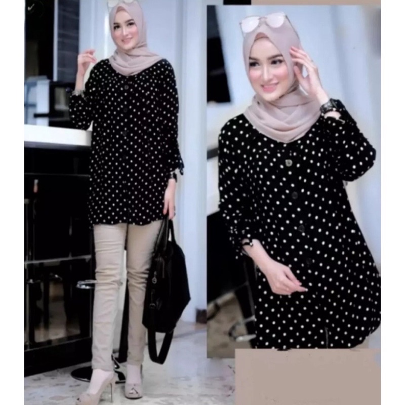 Kemeja Lengan Panjang Tunik Polkadot Wanita Tunik Kekinian Tunik Murah Tunik Polkadot