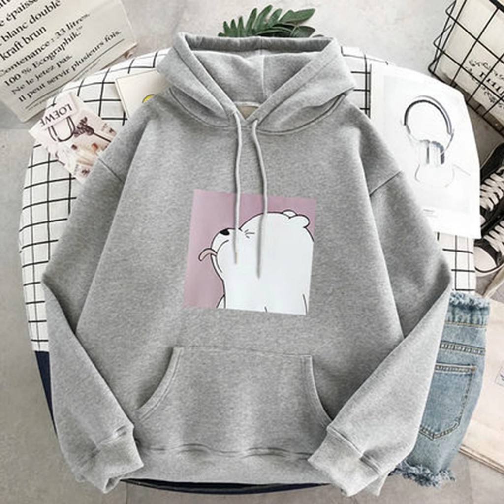 Hoodie Wanita Gambar Bear Oversize Korean Style Sweater Murah Tebal Xxl Kekinian Lilac