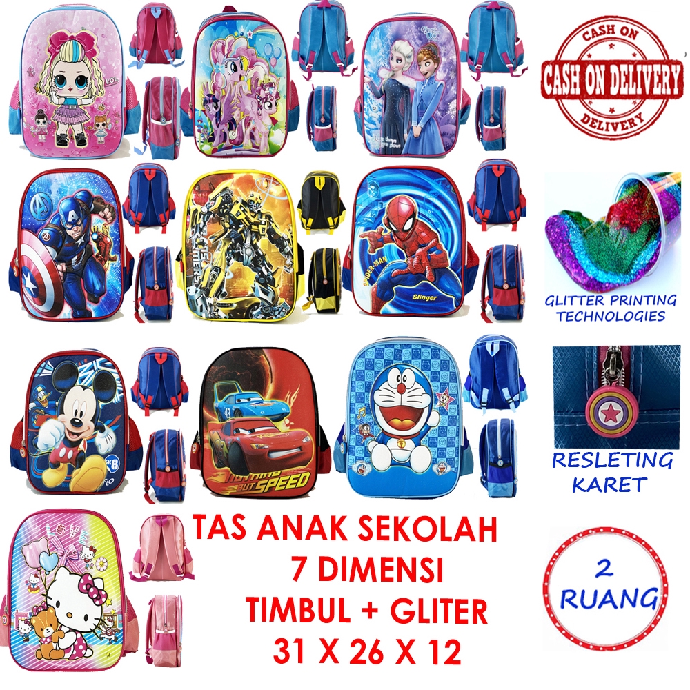 PALING MURAH Tas Ransel Sekolah Anak TK SD 7D Gliter + Timbul IMPORT laki laki perempuan karakter ta