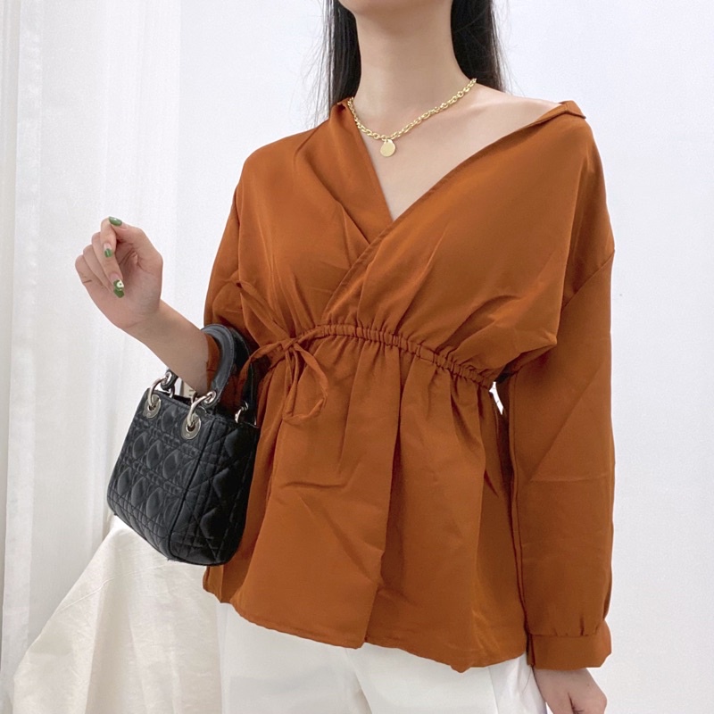 SAQILA Blouse V-Neck Kerah Formal Kimono Tied Waist / Atasan Kerja Wanita / Blouse Daily Casual 0347