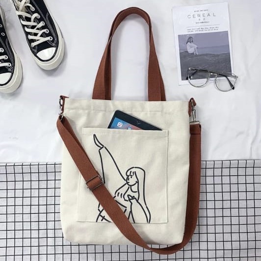 Twenty Bag - Tas Tote Bag Wanita Resleting Terbaru 2022 Aesthetic Kekinian Motif Carakter Korea Style Multifungsi