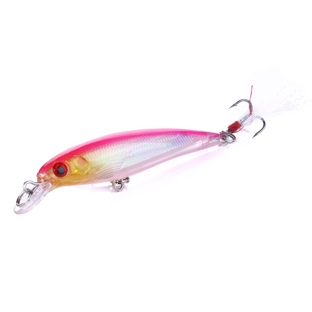 HENGJIA 10pcs 9cm/7.2g Minnow Umpan Pancing Bentuk ikan Kecil dengan Bulu Bass Bait Fishing Lure