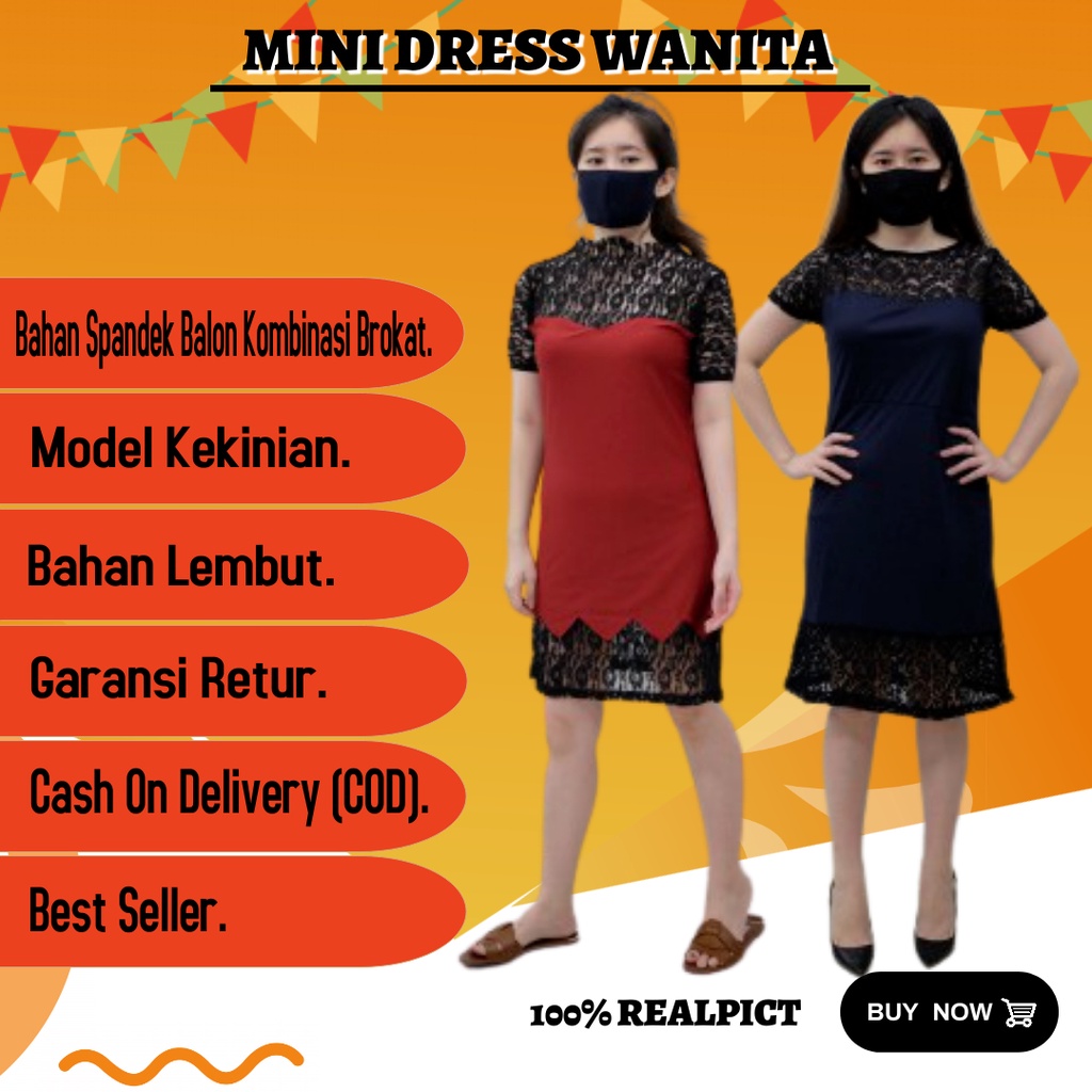 Baju Dress Brokat Kondangan Korea Korean Style Casual Party Pendek Mini Dress Wanita Kekinian FEMMY