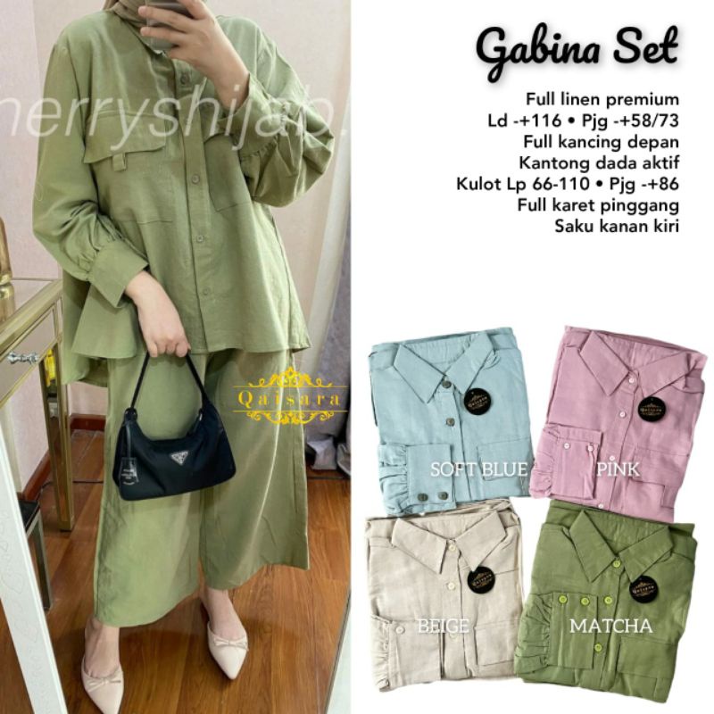 Hijau Gabina Setelan Celana + Blouse Setcel Katun Linen Polos Jumbo Ld 116 M-XXXL One Set Kulot Biru