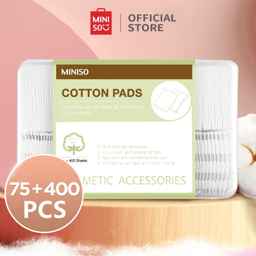 MINISO Facial Cotton Pads 75pcs Tebal + 400pcs Tipis Kapas Pembersih - 75+400