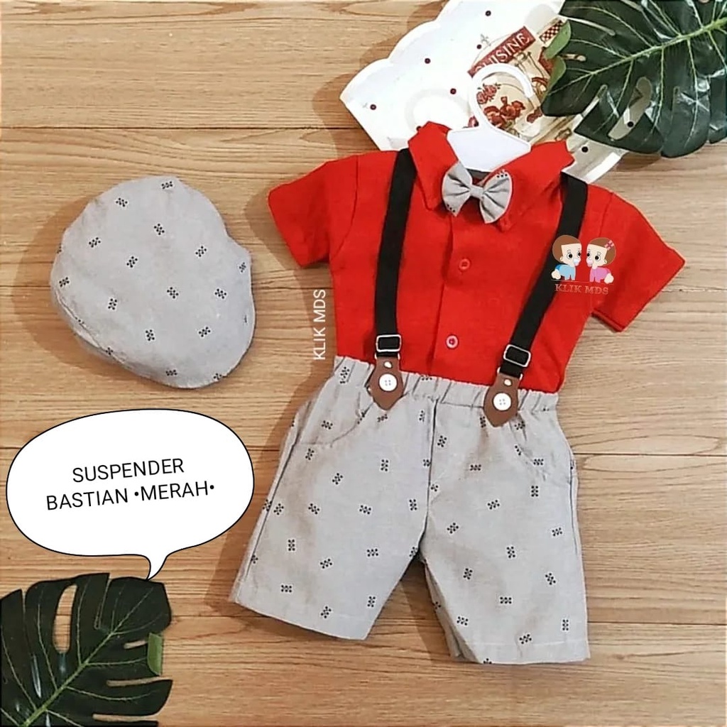 Setelan Jumper Anak Bayi Laki-laki Model Suspender Celana Denim Free Dasi Kupu Dan Topi / Hampers Kado Hadiah Motif Bastian Usia 3-12 Bulan