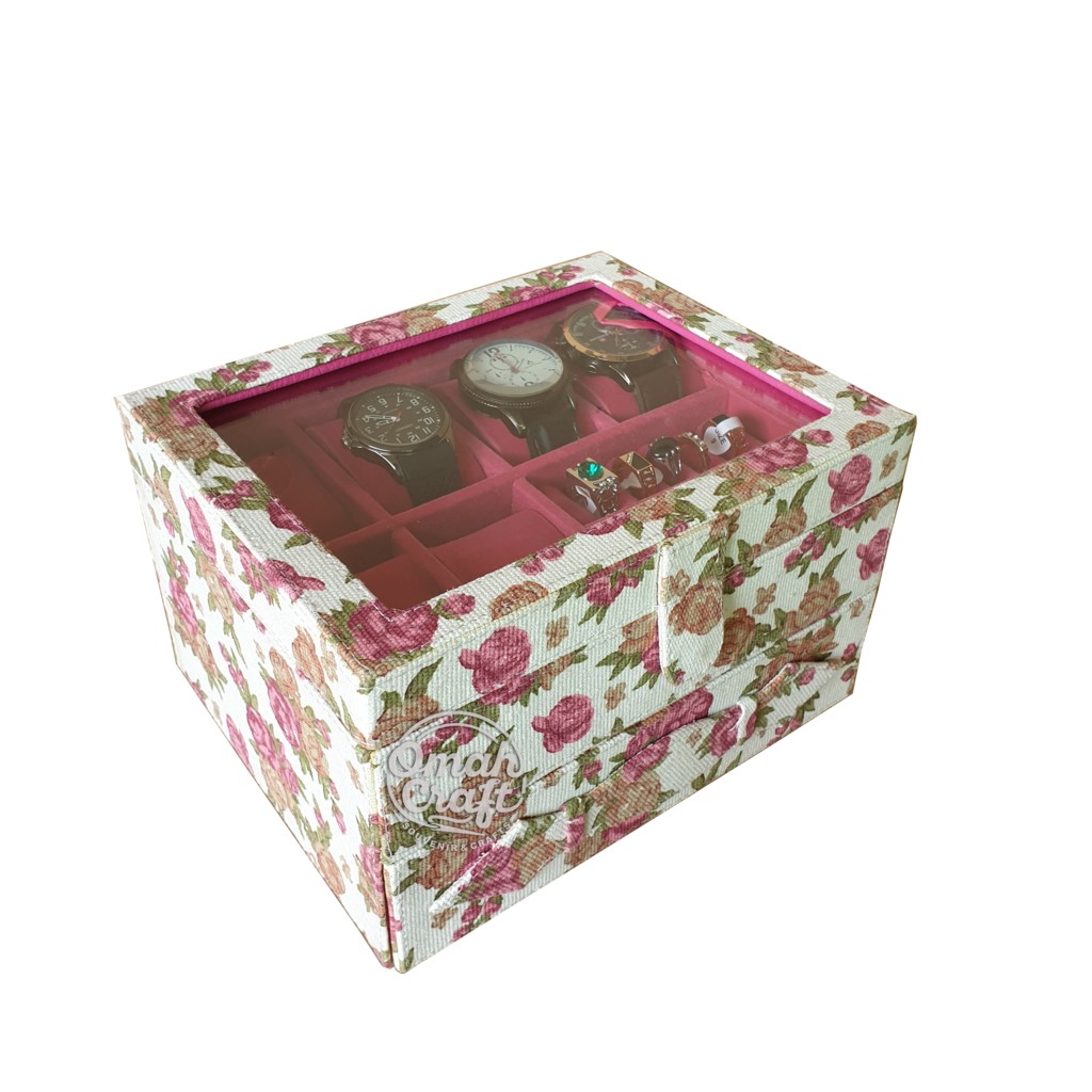 LARGE SIZE - Kotak Jam Tangan isi 6 jUMBO Mix Perhiasan dan aksesoris Warna BUNGA PINK