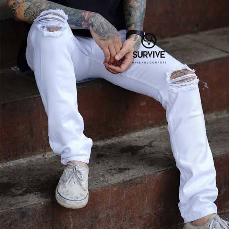 [COD] Celana Jeans Pria Sobek Lutut Ripped putih