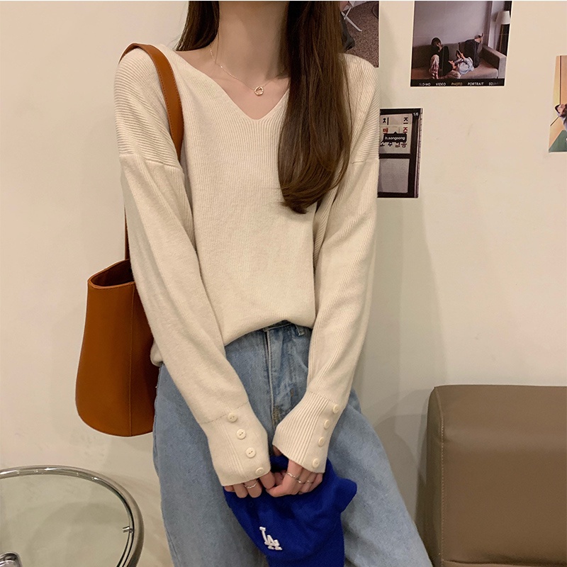 MOOGU ♡ Sweter rajutan lengan panjang v-neck wanita korea warna solid