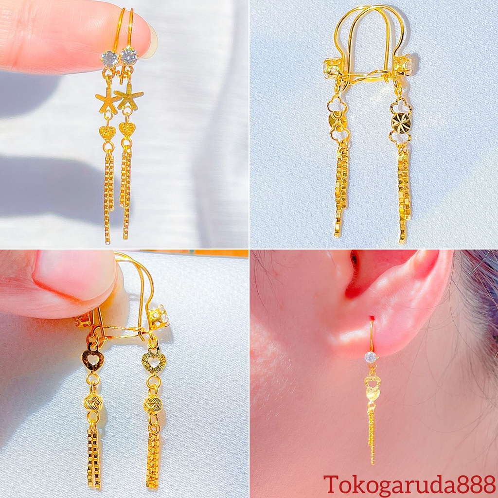 Anting anak dan dewasa emas asli kadar 700 70 16k desi love merica ukir boba star twinkle bintang gantung rumbai italy kilat permata clover ringan panjang 1 satu gram gr g kerabu