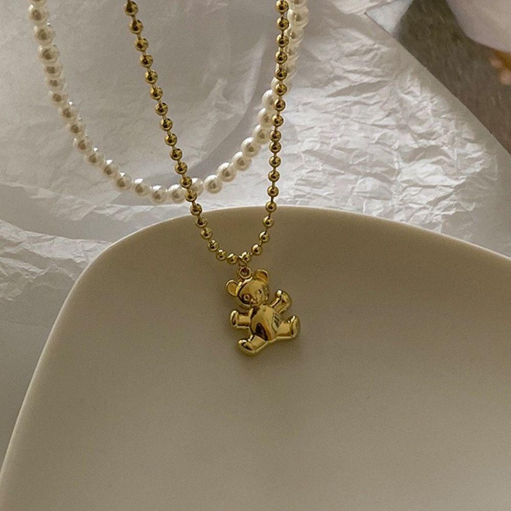 Mxbeauty Kalung Beruang Mutiara Berlapis Ganda Temperamen Vintage Perhiasan Perempuan Desain Rasa Hadiah Untuk Her Korean Style Necklace