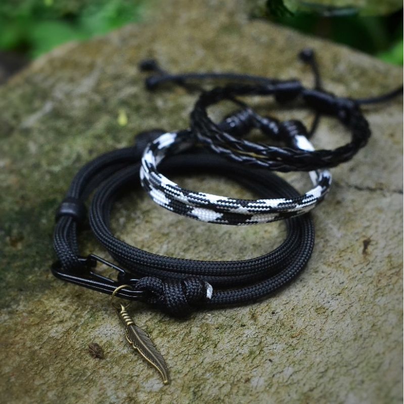 Gelang Pria Bracelet Men Cowok Laki Keren Satu Paket Prusik Paracord Warna Hitam Premium Murah Viral Terbaru Gaya New