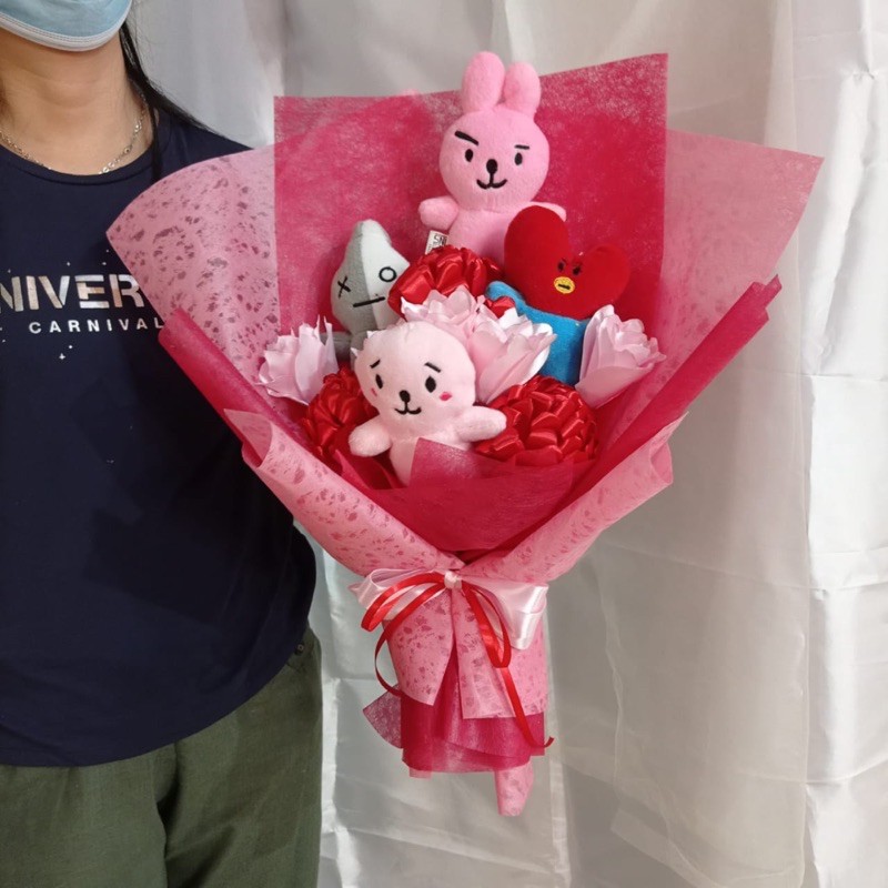 Buket boneka BTS 21 paket komplit karakter kartun korea kekinian bunga handmade hadiah zaman now