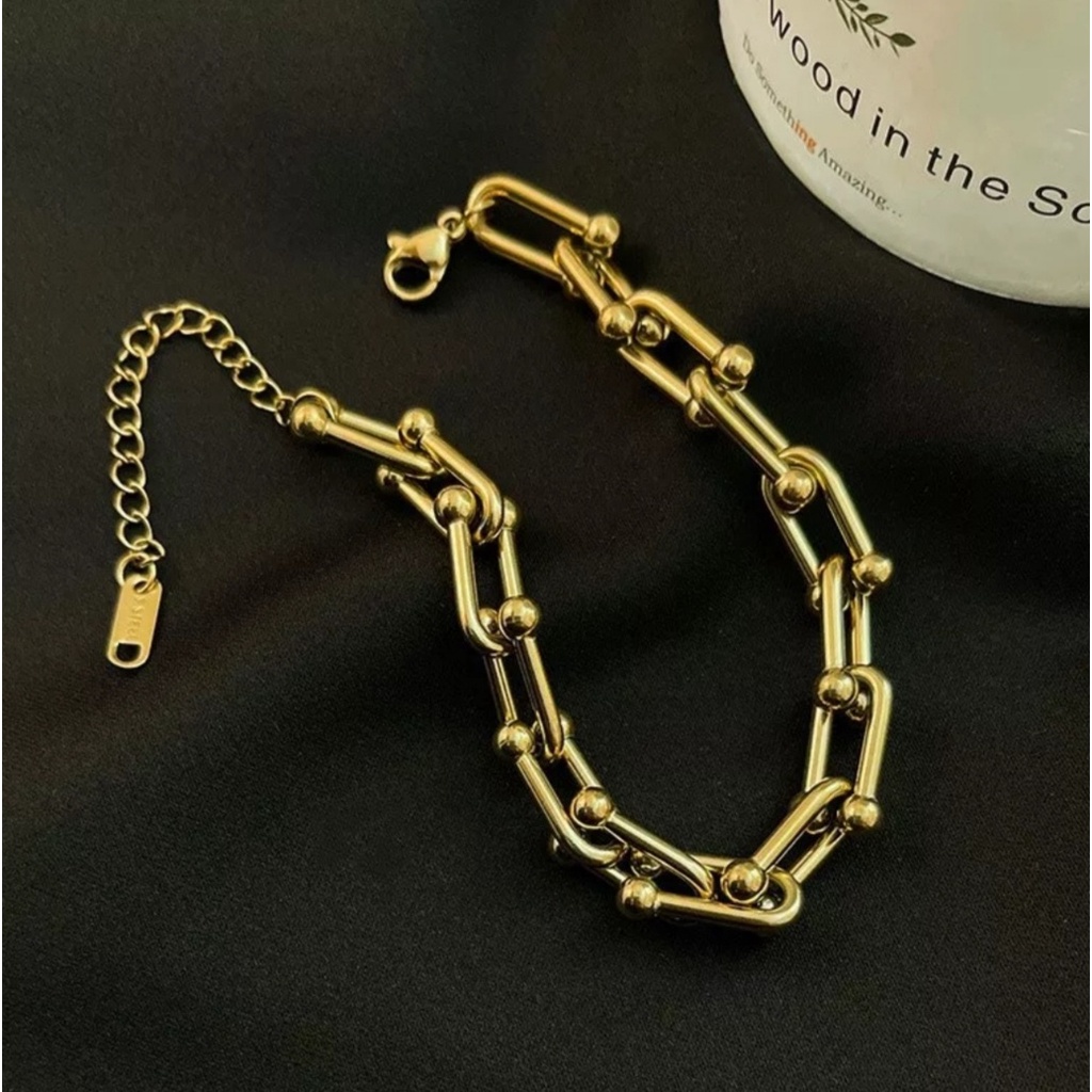 Gelang Rantai Tangan Titanium Model Rantai Bentuk U Tersedia Warna Rose Gold dan Gold