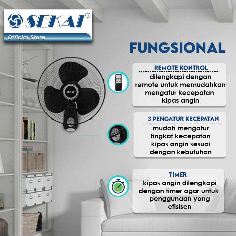 SEKAI WFN 1628 WALL FAN KIPAS ANGIN DINDING DENGAN REMOTE 16 INCH  SEKAI Kipas Angin Dinding Remote