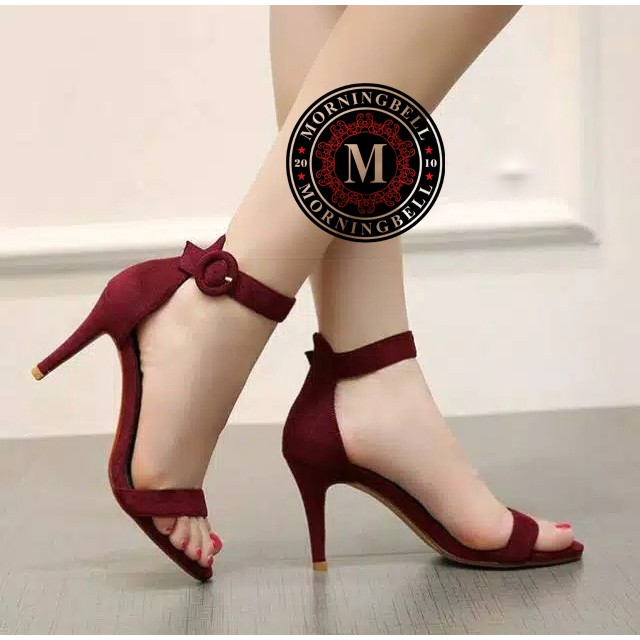 Morningbell high heels  strap suede kancing MR-07 /tinggi hak 9cm