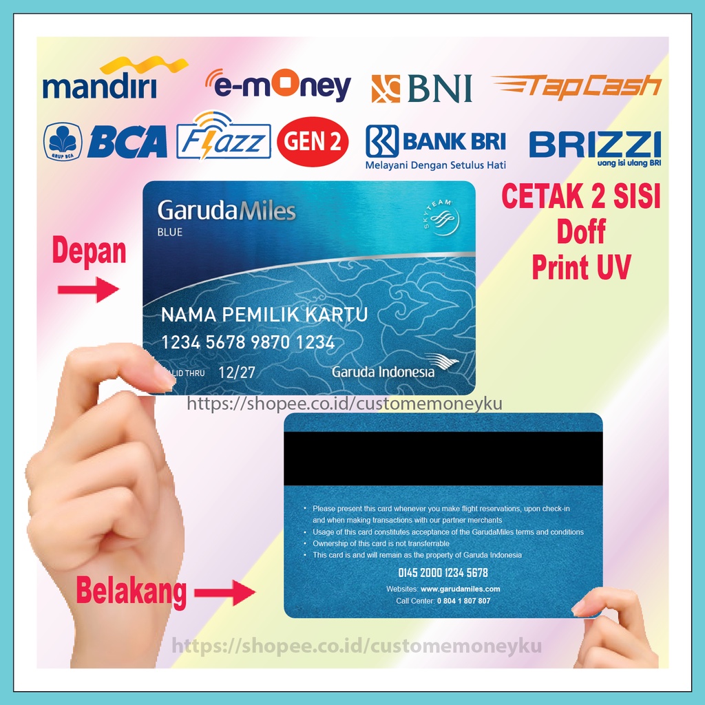 KARTU EMONEY CUSTOM NAMA DESIGN GARUDA BLUE CARD BIRU ETOLL E-MONEY MANDIRI FLAZZ BCA GEN 2 TAPCASH BRIZZI - 2 SISI