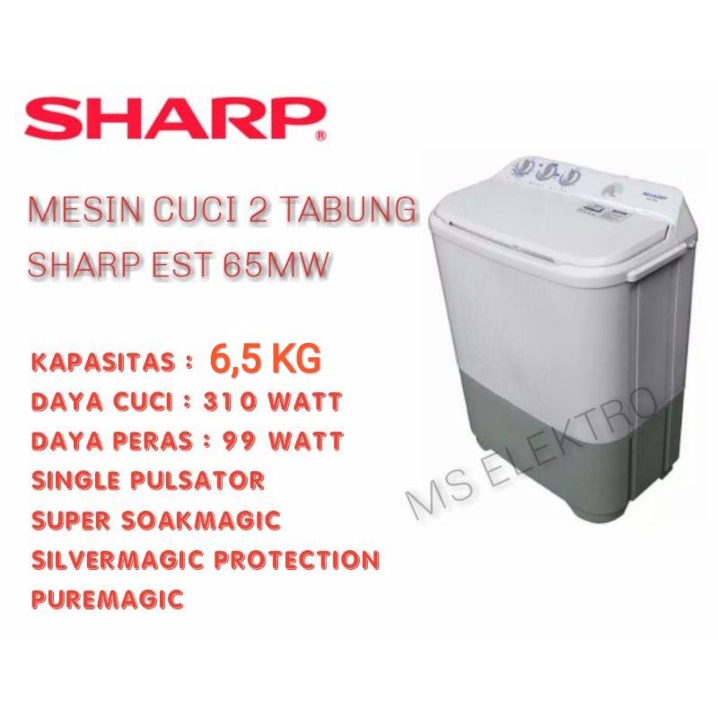 Mesin Cuci Sharp 2 tabung 6,5 7 8 kg EST 65 70 80 90 MW-EST 65MW (6,5KG)