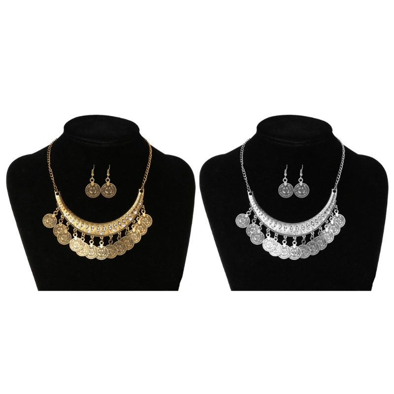 SIY  Jingle Dancing Gypsy Jewelry Ethnic Coin Necklace Earring 2PCS Jewelry Set Women