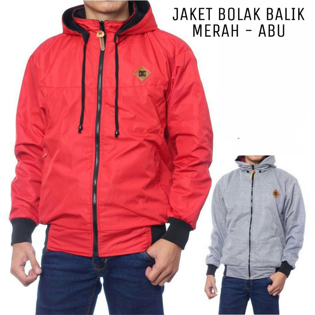 JAKET BOLAK BALIK PRIA BB 2in1 PARASUT ANTI AIR FLEECE SIZE M L XL-MERAH ABU