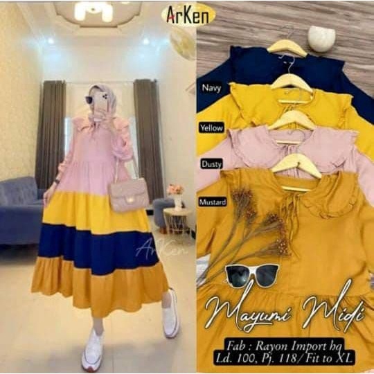 Gamis Mayumi Midi - Gamis Terbaru Rayon Premium Dress Wanita Pelangi Lengan Karet Maxi Dress Kekinian LD 110 cm