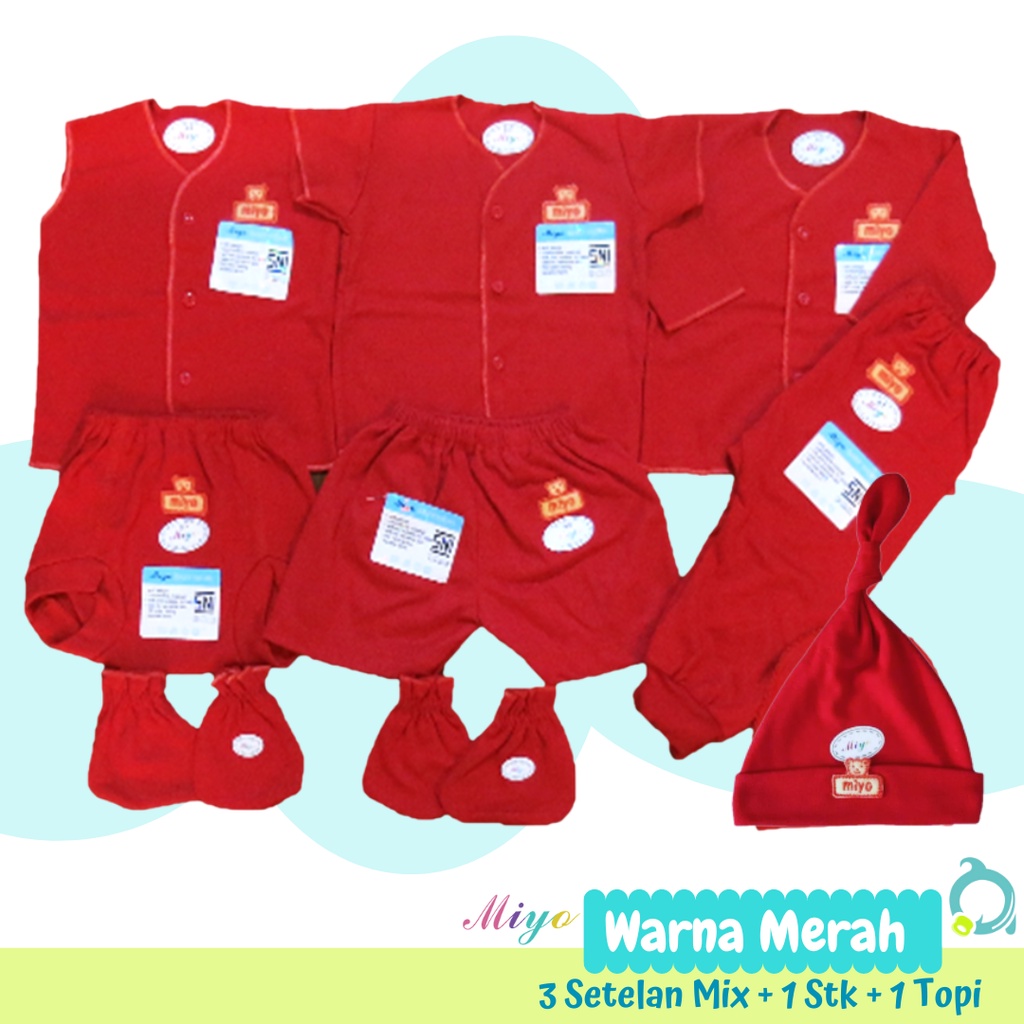 MIYO 3 Stelan Mix (Panjang + Pendek + Kuntung) Merah Size Newborn | 3-6 Bulan (1 Paket)