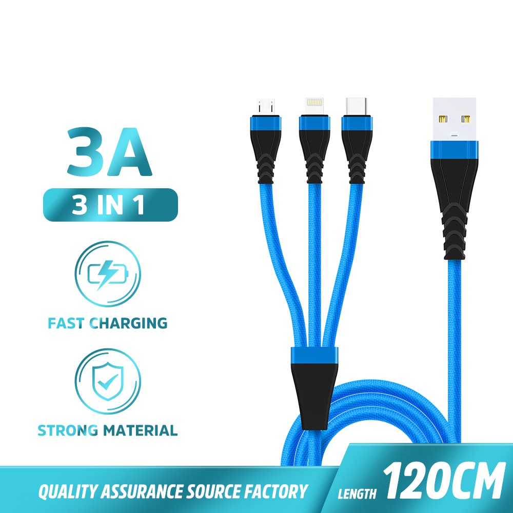 Kabel Data 3 in1 Micro+Lightning+Type-C Telescopic cable iPhone Fast Charging Xiaomi Samsung Vivo-CH063-12MLC BLUE 3A