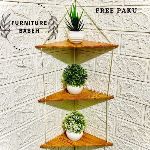 furniture rak gantung tali/rak sudut segitiga 3 susun/rak tatakan bunga/rak penyimpanan barang kesayangan/rak kosmetik/rak serbaguna minimalis dan estetick