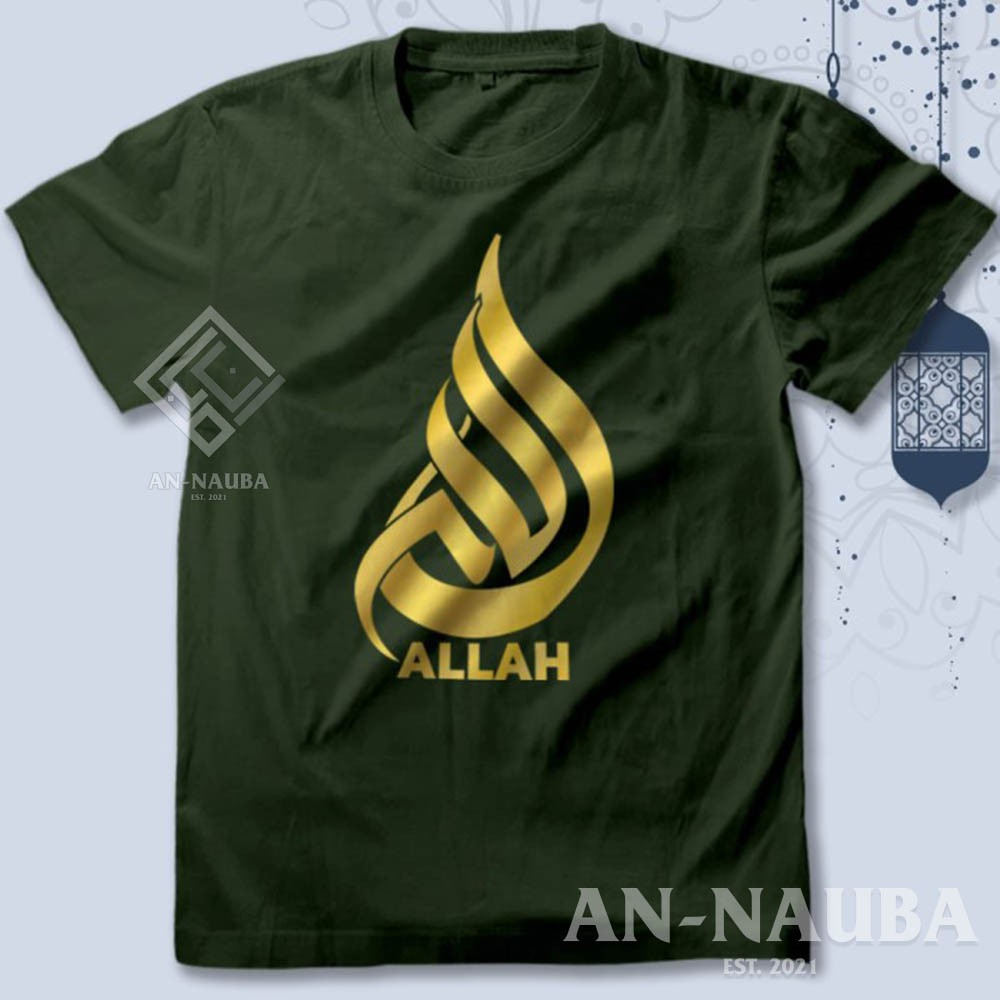 KAOS DAKWAH ISLAMI ALLAH KALIGRAFI GOLD / Baju Distro Santri Islam / Tshirt Muslim Trendy [AN-6299]-HIJAU ARMY