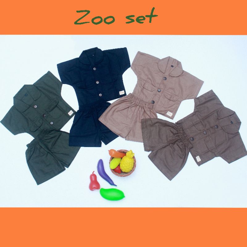 Baju safari anak topi buket setelan baju kemeja celana anak bayi zoo set