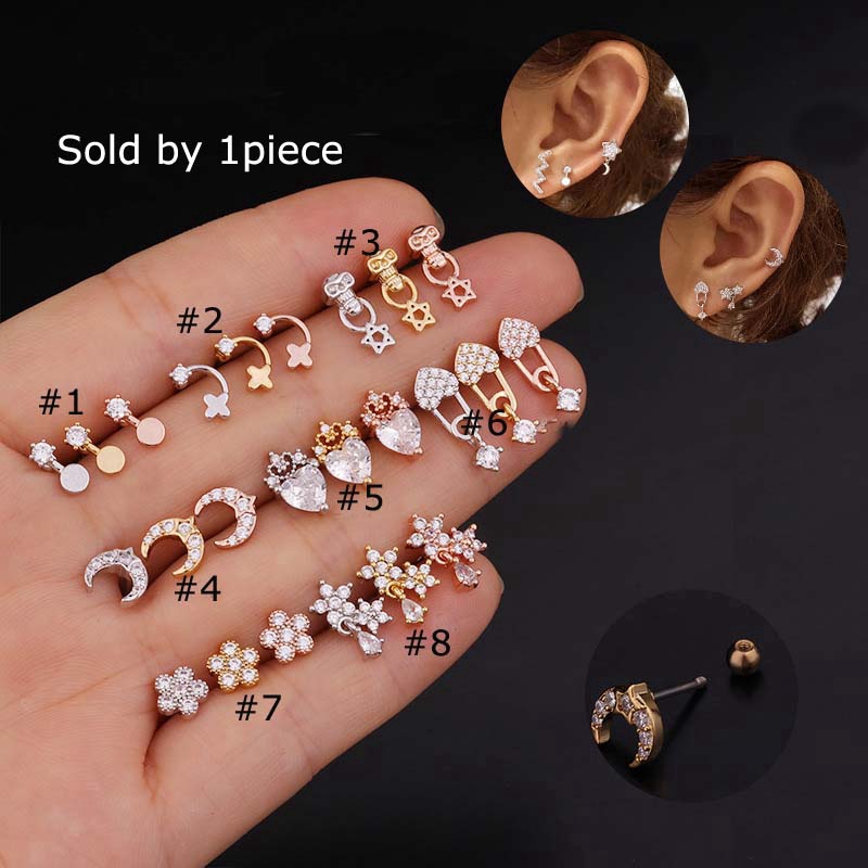 1pc Anting Tindik Helix Pinna Tragus Bahan Stainless Steel 20g Dengan Zircon