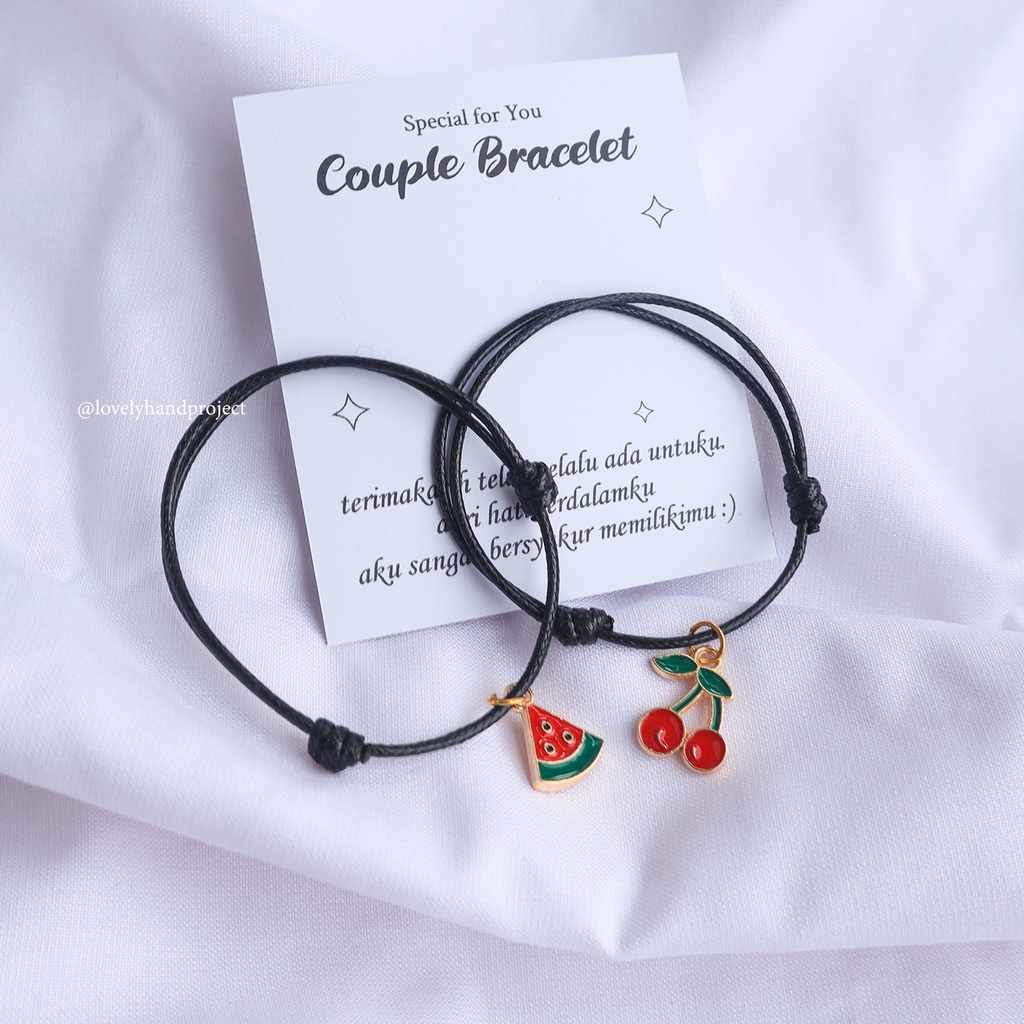 Gelang Couple Cherry &amp; Watermelon Charm Lucu Unik Gratis Kartu Ucapan Bersama Bestie Tali Korea 1,5 mm Waterproof Satin 2mm Lembut Chram Lucu Buah Semangka Kiyowo kawai Manik Cute Lovelyhandproject