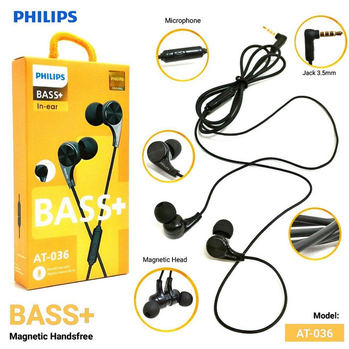 HEADSET / HANDSFREE PHILIPXX AT-036 super bass  + mic bisa buat telefon ya