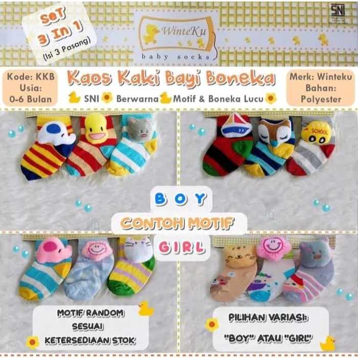 (3pcs) PROMO!! KAOS KAKI BAYI WINTEKU BONEKA - KAOS KAKI BAYI BONEKA ISI 3 PASANG TUK 0-4 BULAN