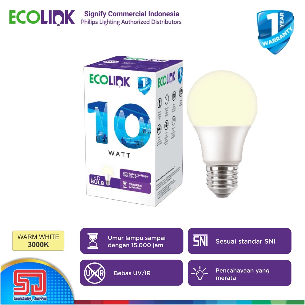 ECOLINK Lampu 10W LED 10Watt Bulb Bohlam 10 Watt - 3000K Warm White Kuning Cerah