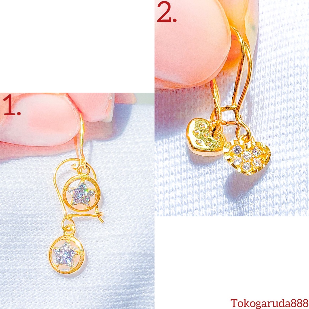 Anting anak dan dewasa emas asli kadar 700 70 16k desi gantung bintang star halo permata bling ringan kerabu giwang earrings gold stylish