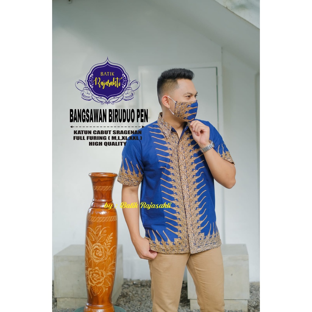 BANGSAWAN BIRU RAJASAKTI KEMEJA BATIK SOLO PRIA LENGAN PENDEK LAPIS FURING ATASAN BATIK PREMIUM MODERN KATUN HALUS BAHUWIRYA  BANAMITRA BANAMITRA PUTIH BANGSAWAN BAYU PUTRA BERLIAN BIRU BHARATAYUDA BIMASENA BIRENDRA BIRU INDAH BRAHMAKERTA BRAHMAKERTA