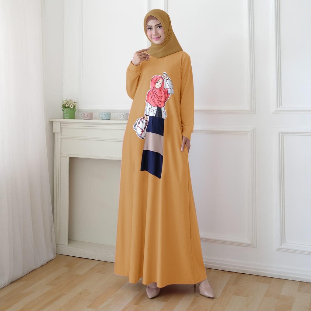 Gamis Wanita Motif Print Hijabers bahan Babytery Adem / Dress Wanita model Maxi SALE HOPYLOVY