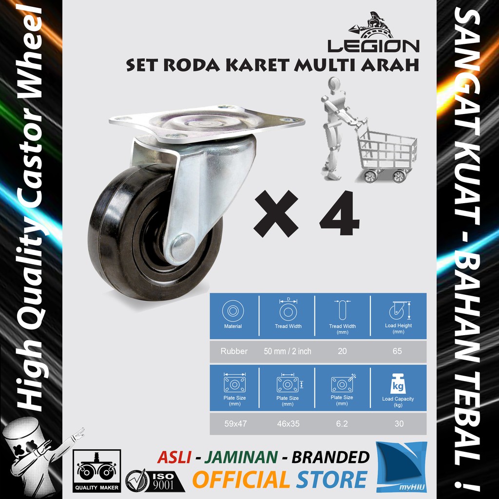 Set Roda Lori 4 pcs 2&quot; inch / 50 mm Roda KARET Besi Caster Troli - Mini Trolley Castor Set 4H LEGION