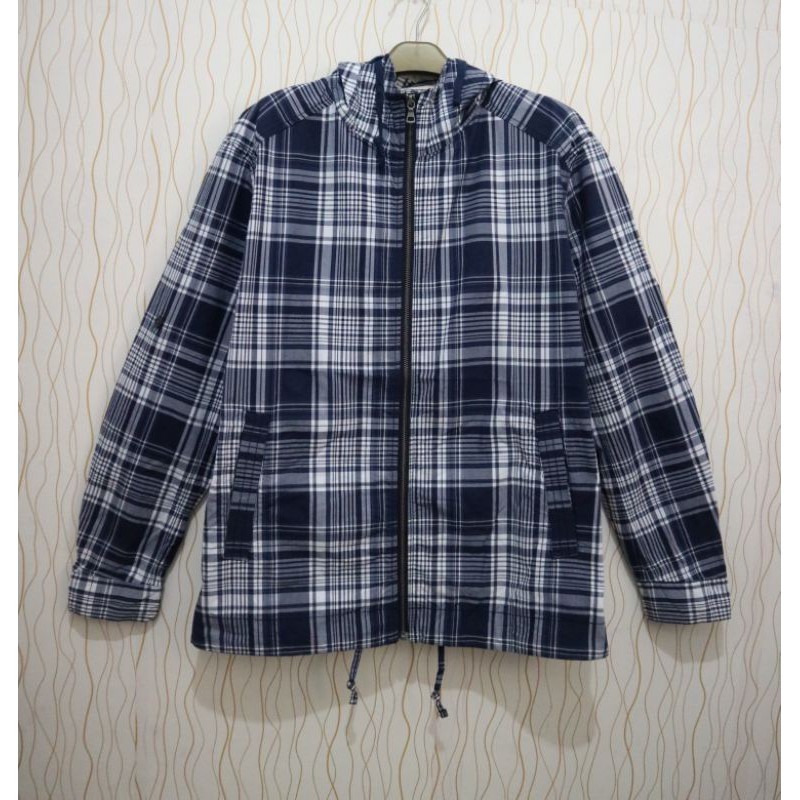Jaket Hoodie Original Uniqlo Marine motif kotak Biru Putih