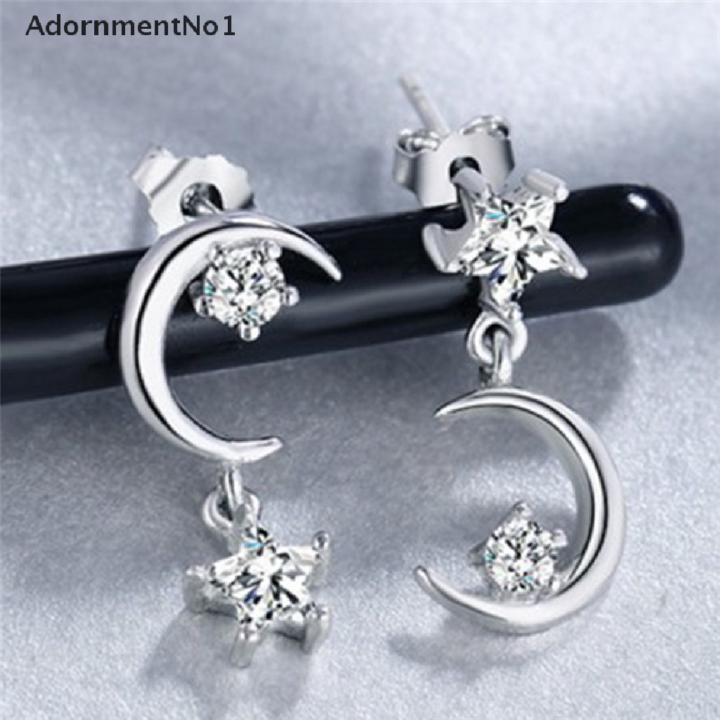 (AdornmentNo1) Anting Gantung Panjang Tusuk Lapis Silver Motif Bulan + Bintang + Kristal Untuk Perhiasan Wanita