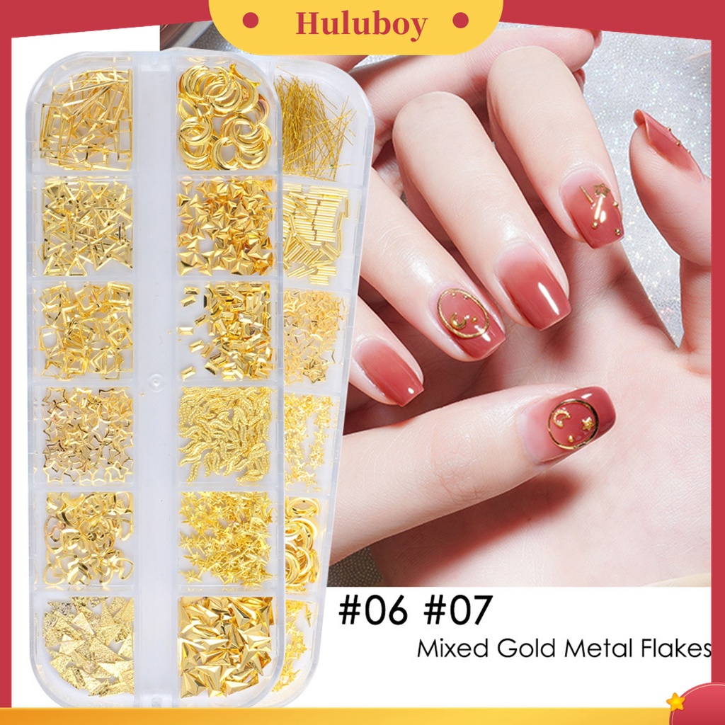 Huluboy Huluboy♡ 12 Grid / Kotak Serpihan Glitter Logam Campuran Batu Berlian Imitasi Portabel Multifungsi Untuk Dekorasi Manicure